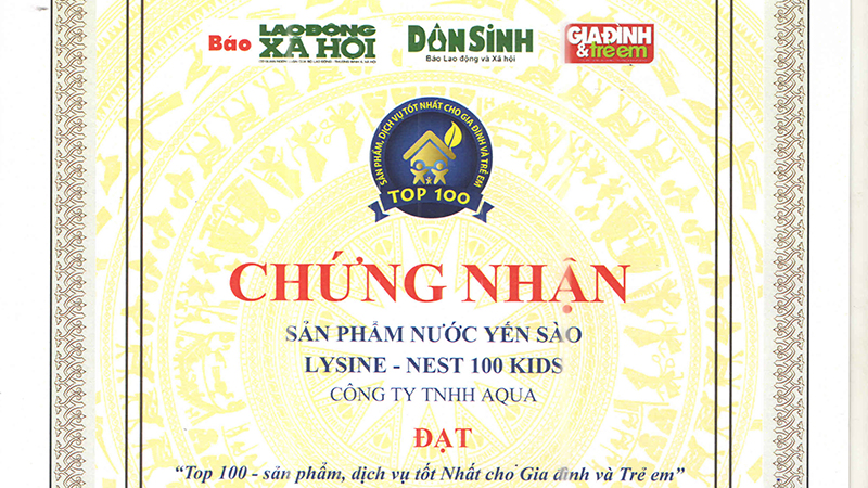 Yến sào Aquapham “Top 100 dịch vụ, sản phẩm tốt nhất cho gia đình và trẻ em"